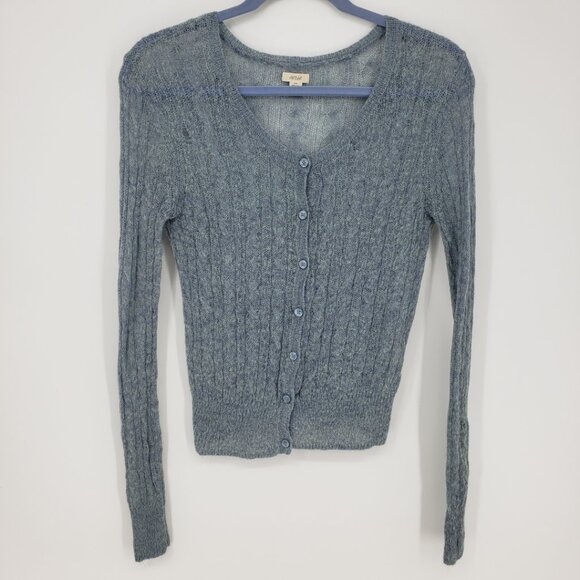 3/$25 aerie Cable Knit Cardigan Sweater M Womens Mohair Wool Blue - Picture 1 of 9